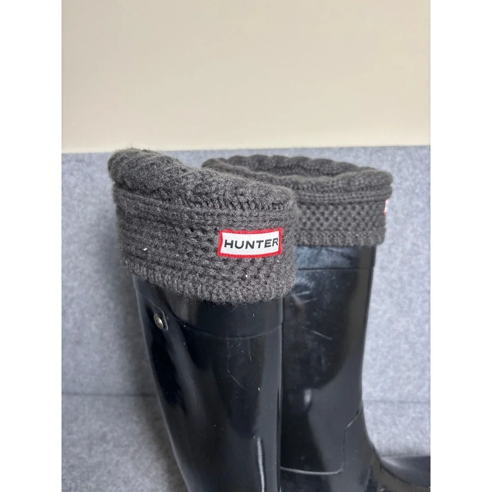 Hunter Women's Black Rain Boots with Charcoal Knit Cuffs